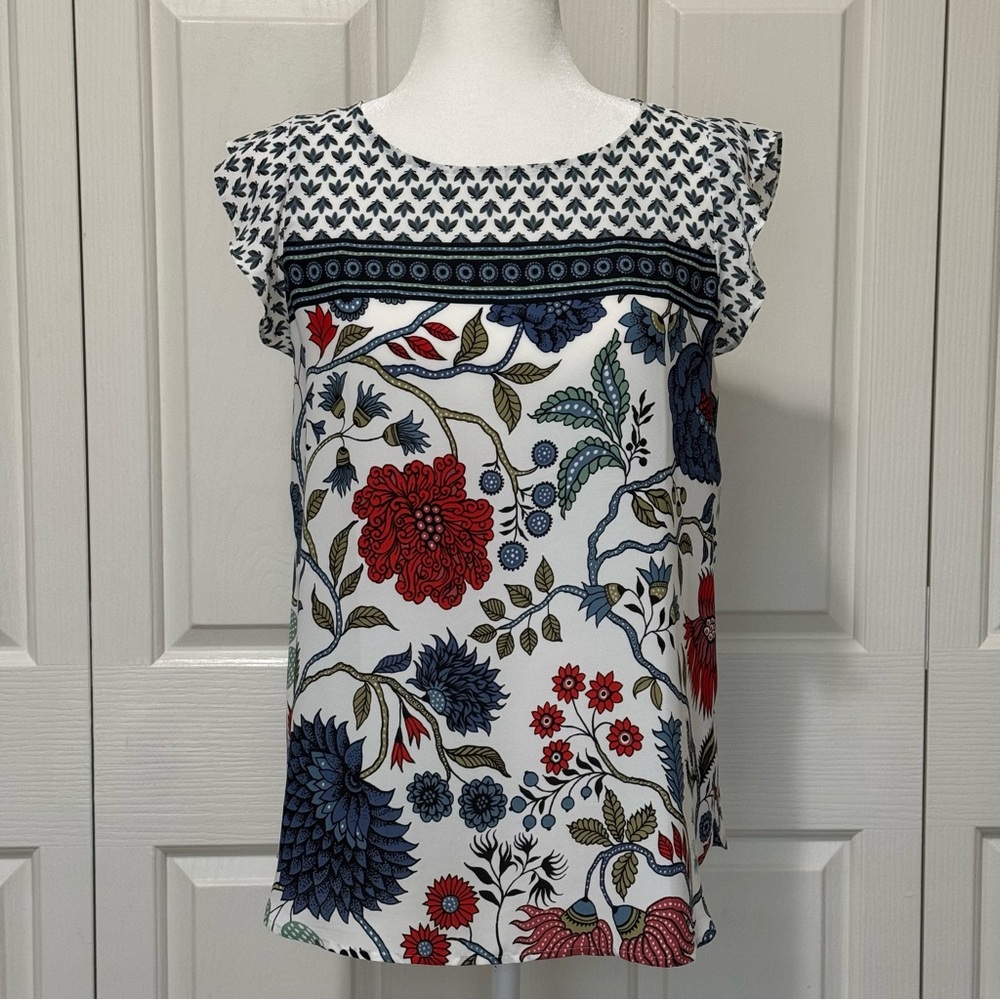 LOFT Floral Border Print Flutter Sleeve Blouse Top Size S Keyhole Back